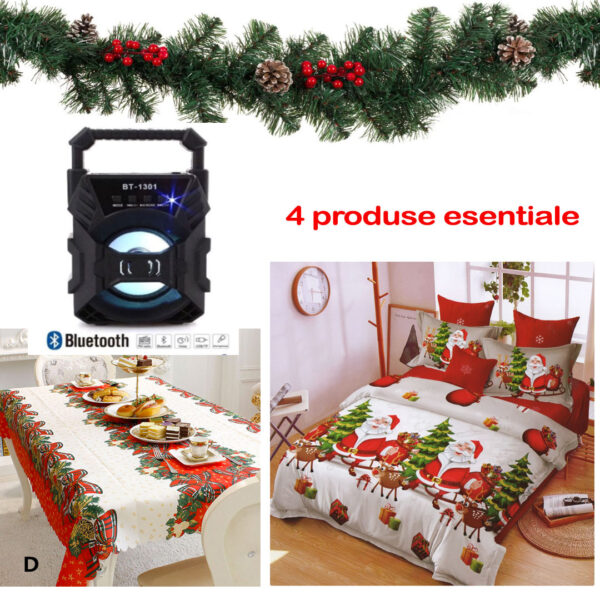 Pachet 4 produse esentiale Craciun! Lenjerie de pat Evo 4 piese bbc, pat dublu + Fata de masa Craciun 6 persoane + Ghirlanda brad artificial 2,7m + Cadou boxa portabila bluetooth