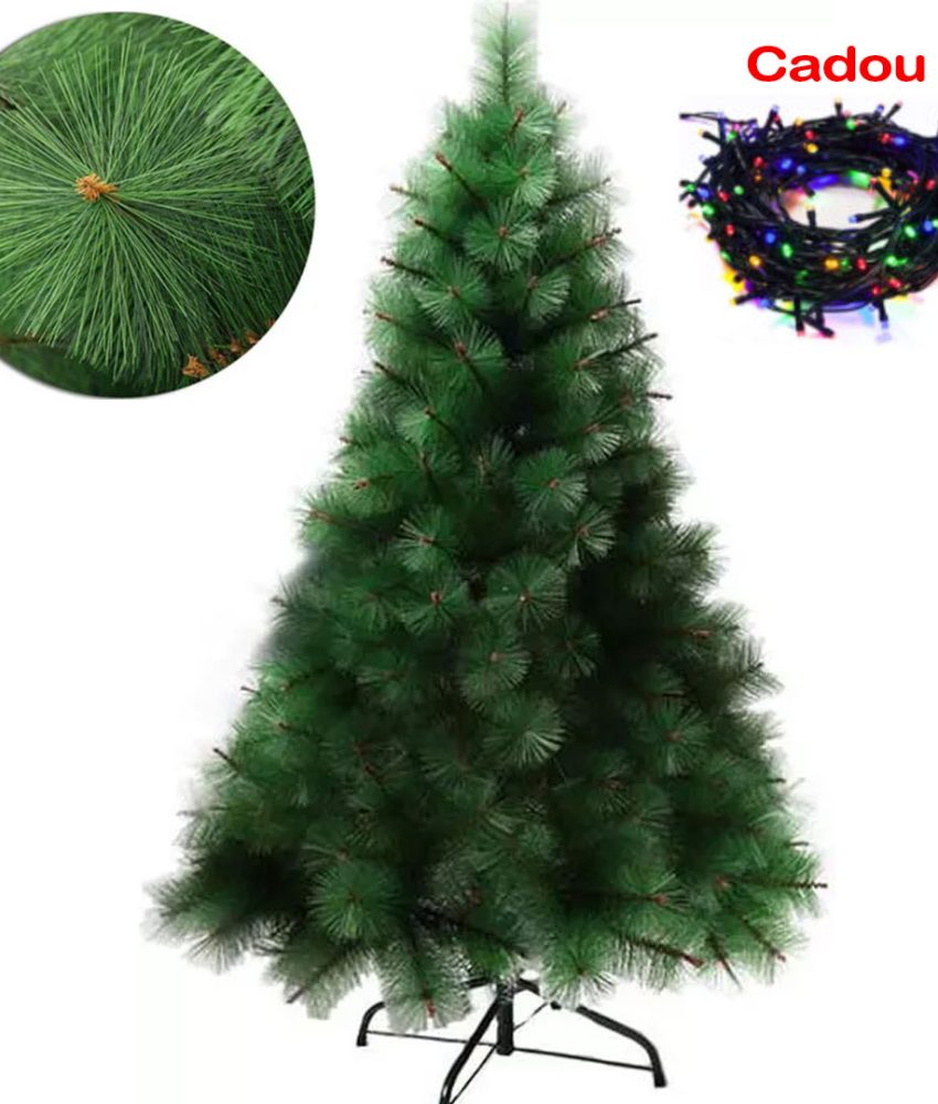 Brad artificial aspect natural de pin, calitate premium, 2,10m, verde/verde nins, suport metalic + Cadou instalatie de brad