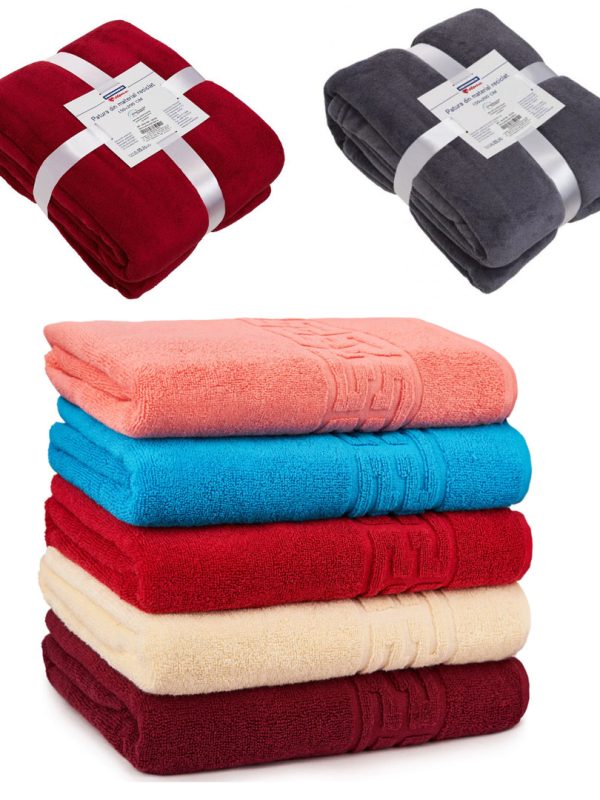 Prosoape Set 5 buc, tip hotelier, fir dublu, 90x50cm, 550g, model grecesc, albe sau colorate + Cadou patura pufoasa fleece, diferite culori