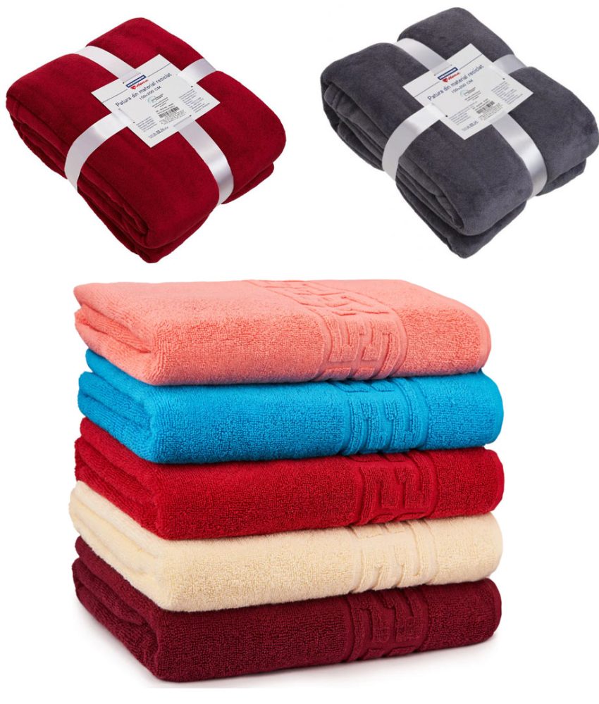 Prosoape Set 5 buc, tip hotelier, fir dublu, 90x50cm, 550g, model grecesc, albe sau colorate + Cadou patura pufoasa fleece, diferite culori