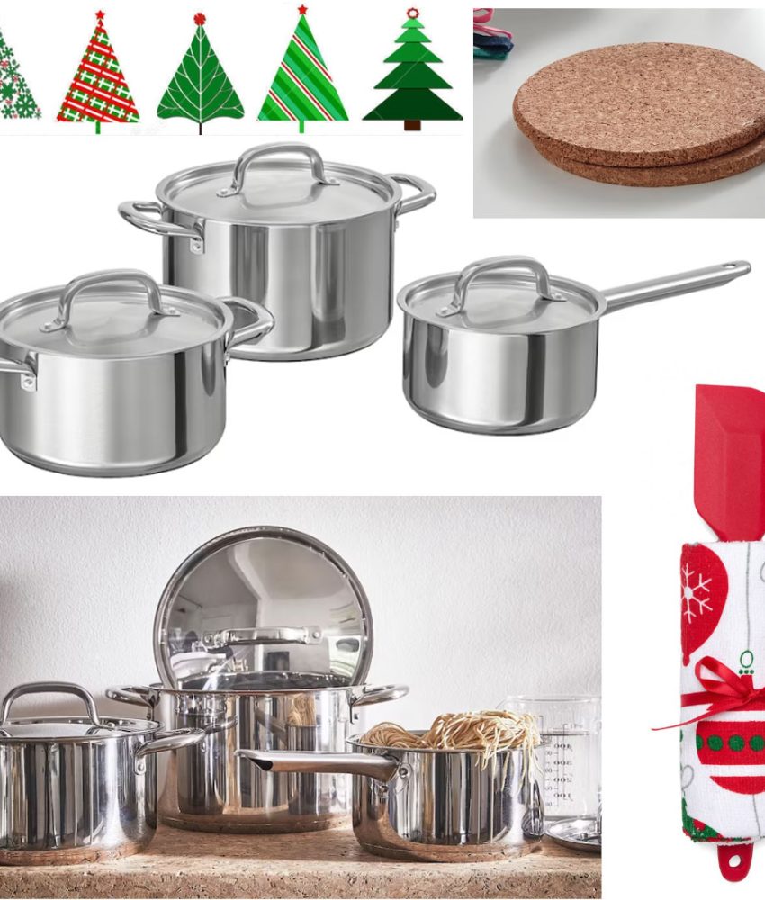 Pachet bucatarie XMAS! Set de gatit 6 piese inox + Suport cratita pluta 19cm + Cadou Prosop bucatarie si Spatula silicon!