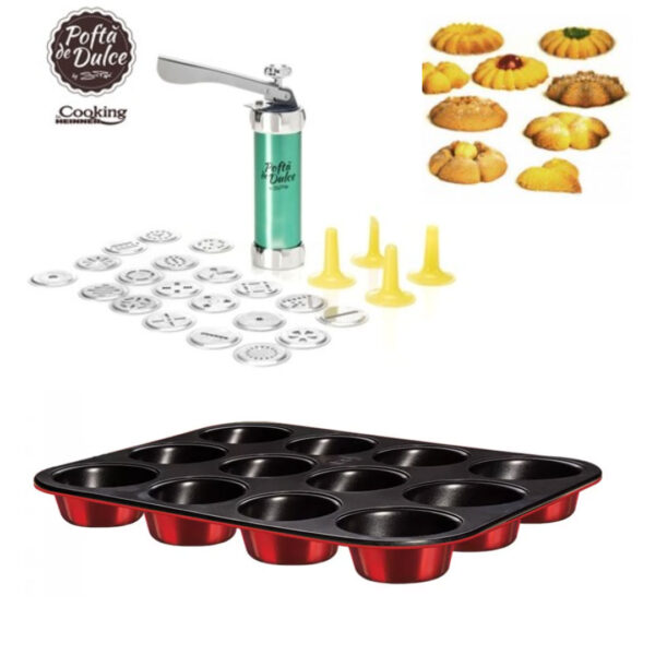 Aparat pentru biscuiti/fursecuri 21cm, 24 accesorii, Simona Pope HEINNER, turqoise + Forma teflonata 12 briose, rosie