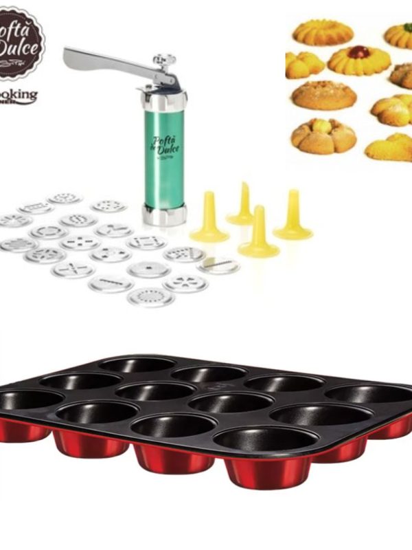 Aparat pentru biscuiti/fursecuri 21cm, 24 accesorii, Simona Pope HEINNER + Forma teflonata 12 briose