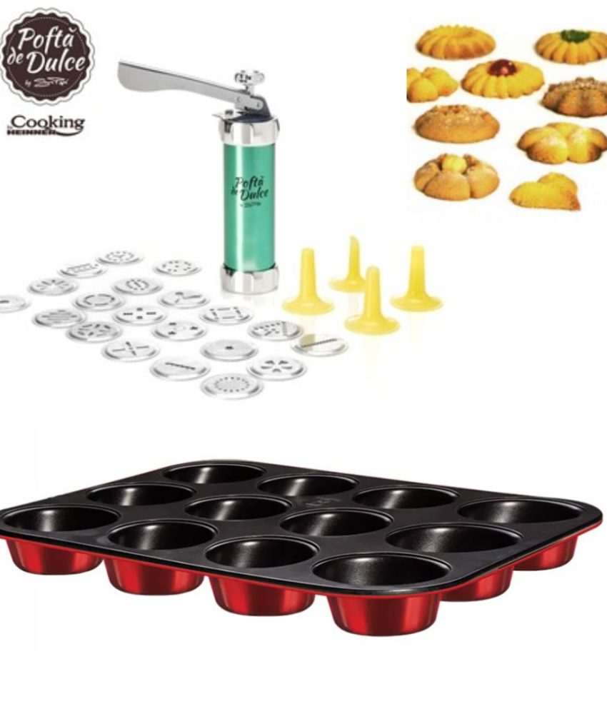 Aparat pentru biscuiti/fursecuri 21cm, 24 accesorii, Simona Pope HEINNER + Forma teflonata 12 briose