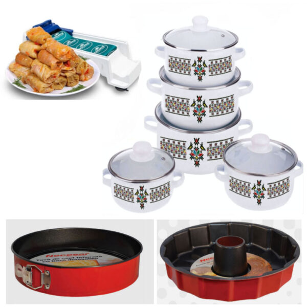 Set de gatit 10 piese, otel carbon, capace sticla securizata + Tava teflonata cu baza detasabila + Tava teflonata con + Cadou Aparat de rulat sarmale
