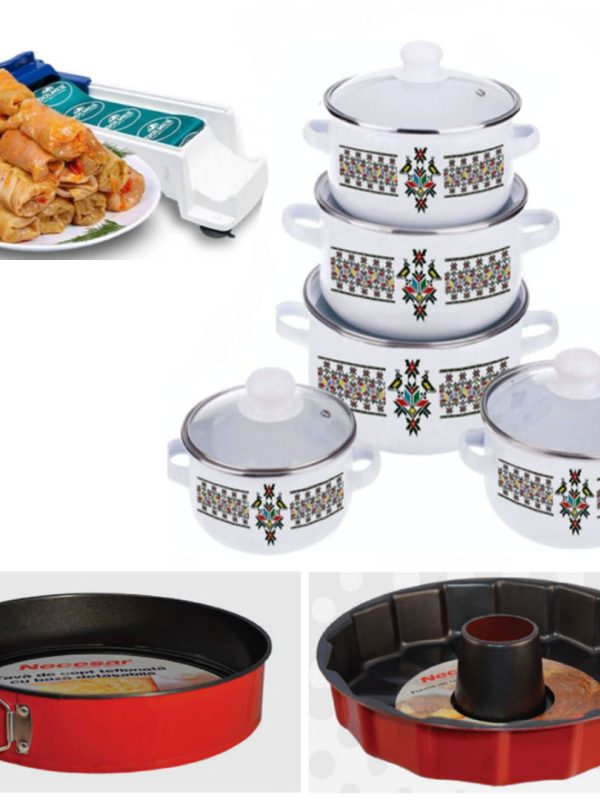 Set de gatit 10 piese, otel carbon, capace sticla securizata + Tava teflonata cu baza detasabila + Tava teflonata con + Cadou Aparat de rulat sarmale