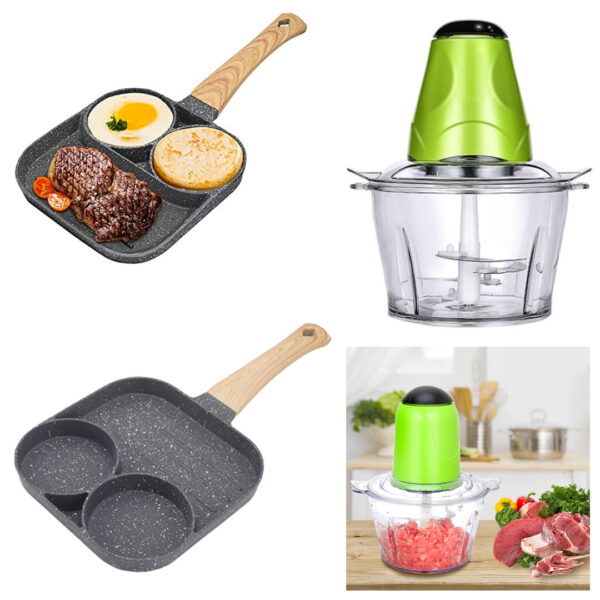 Chopper electric, toaca legume/fructe/carne, capacitate 2l, 4 cutite inox + Tigaie antiaderenta cu 2 compartimente si zona de grill, Frying Pan