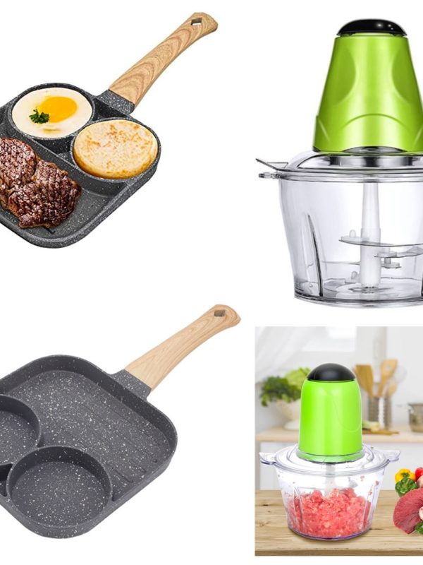 Chopper electric, toaca legume/fructe/carne, capacitate 2l, 4 cutite inox + Tigaie antiaderenta cu 2 compartimente si zona de grill, Frying Pan