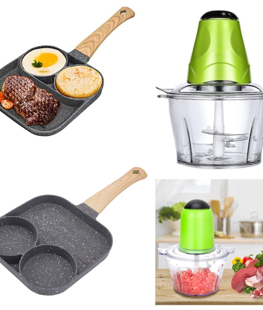 Chopper electric, toaca legume/fructe/carne, capacitate 2l, 4 cutite inox + Tigaie antiaderenta cu 2 compartimente si zona de grill, Frying Pan