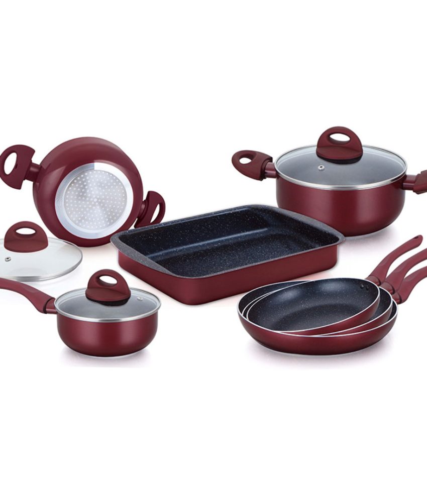 Set de bucatarie pentru gatit, 10 piese, aluminiu marmorat, Burgundy Herzberg