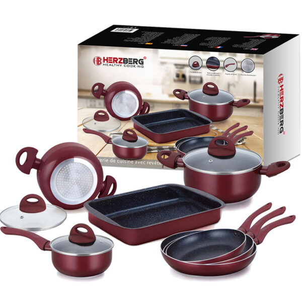Set de bucatarie pentru gatit, 10 piese, aluminiu marmorat, Burgundy Herzberg