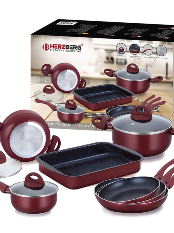 Set de bucatarie pentru gatit, 10 piese, aluminiu marmorat, Burgundy Herzberg