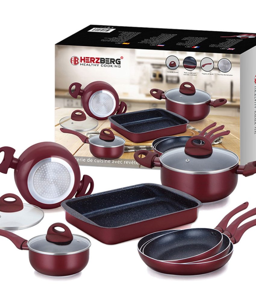 Set de bucatarie pentru gatit, 10 piese, aluminiu marmorat, Burgundy Herzberg