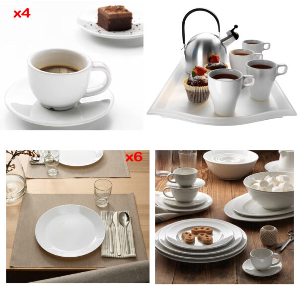 Serviciu cafea 4 cesti cu farfurie + 6 farfurii intinse, opal alb + cadou tava servire 52x35cm