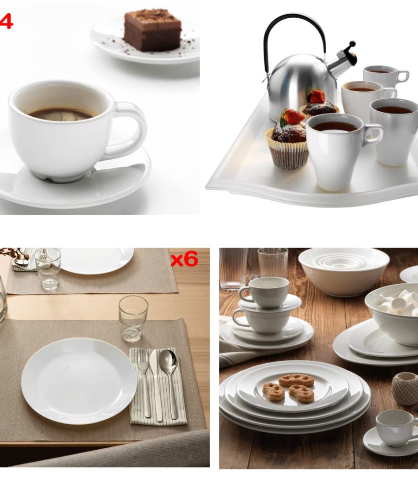 Serviciu cafea 4 cesti cu farfurie + 6 farfurii intinse, opal alb + cadou tava servire 52x35cm