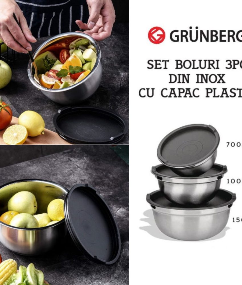 Set 3 Boluri Inox cu Capace Plastic, Grunberg GR2429, 700/1000/1500ml