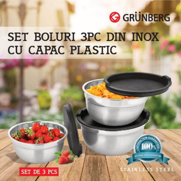 Set 3 Boluri Inox cu Capace Plastic, Grunberg GR2429, 700/1000/1500ml