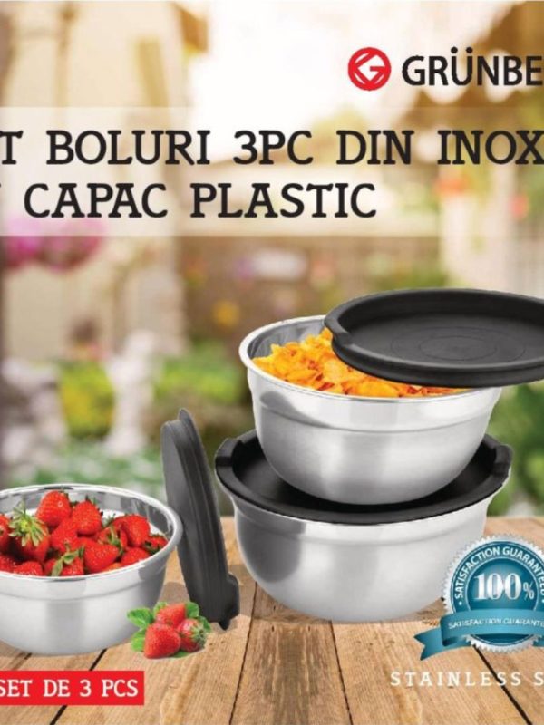 Set 3 Boluri Inox cu Capace Plastic, Grunberg GR2429, 700/1000/1500ml