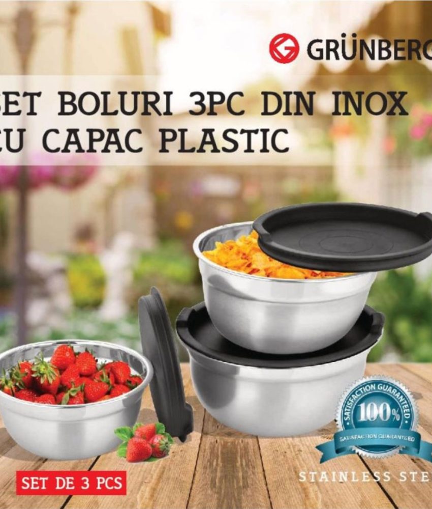 Set 3 Boluri Inox cu Capace Plastic, Grunberg GR2429, 700/1000/1500ml
