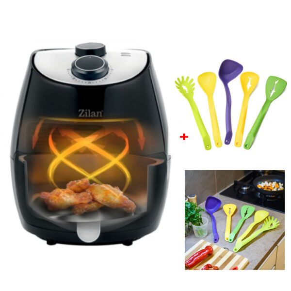 Friteuza Air Fryer, ZILAN ZLN-3598, Negru 1350 W, Capacitate 2.6 L, Timer 30 min + cadou Set 5 ustensile de bucatarie, Vanora Home