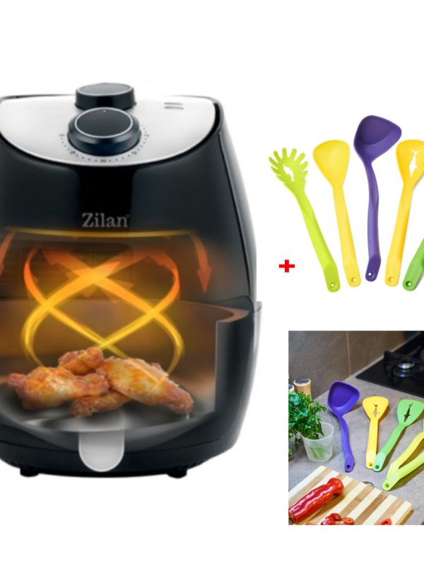 Friteuza Air Fryer, ZILAN ZLN-3598, Negru 1350 W, Capacitate 2.6 L, Timer 30 min + cadou Set 5 ustensile de bucatarie, Vanora Home