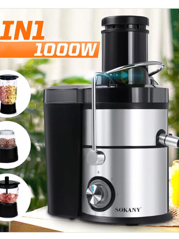 Robot de Bucatarie 4 in 1 Royalty Line,  1000 W, Storcator de fructe si legume, Rasnita, Blender si Tocator, Filtru Inox