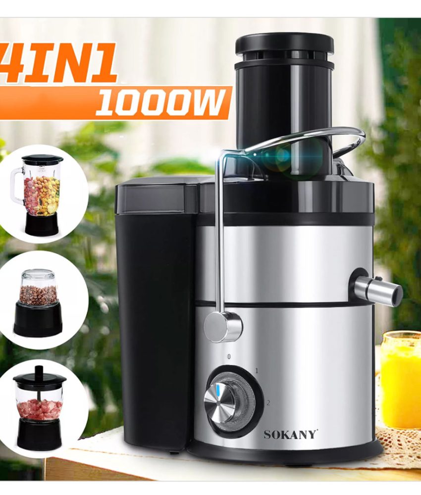 Robot de Bucatarie 4 in 1 Royalty Line,  1000 W, Storcator de fructe si legume, Rasnita, Blender si Tocator, Filtru Inox