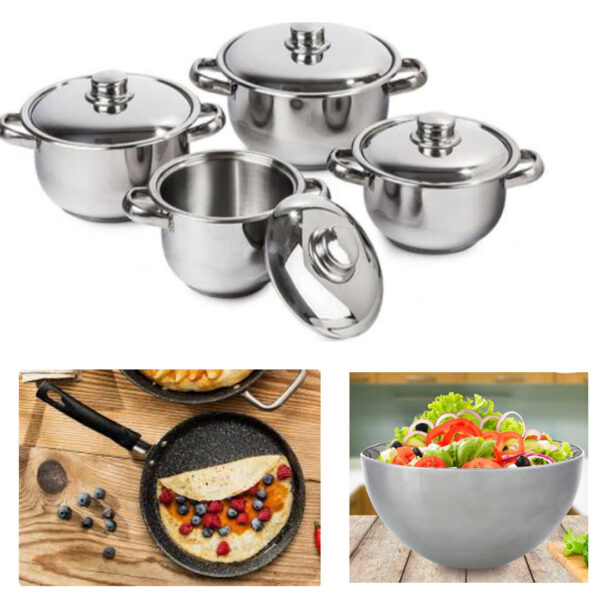 Set 4 Oale Inox Cu Capace, Manere De Prindere, Soup Pot + Tigaie clatite antiaderenta Brio Nero 25cm + Cadou bol inox pentru mixare