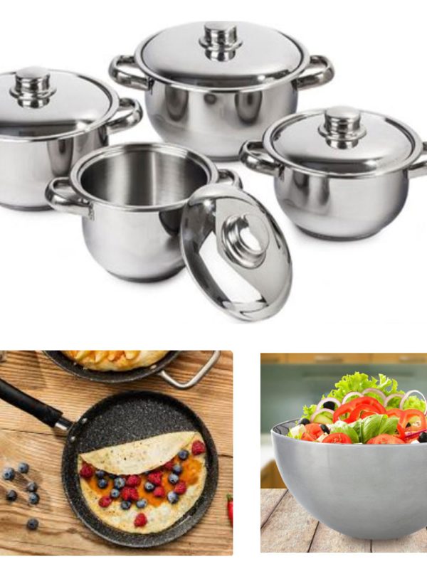 Set 4 Oale Inox Cu Capace, Manere De Prindere, Soup Pot + Tigaie clatite antiaderenta Brio Nero 25cm + Cadou bol inox pentru mixare