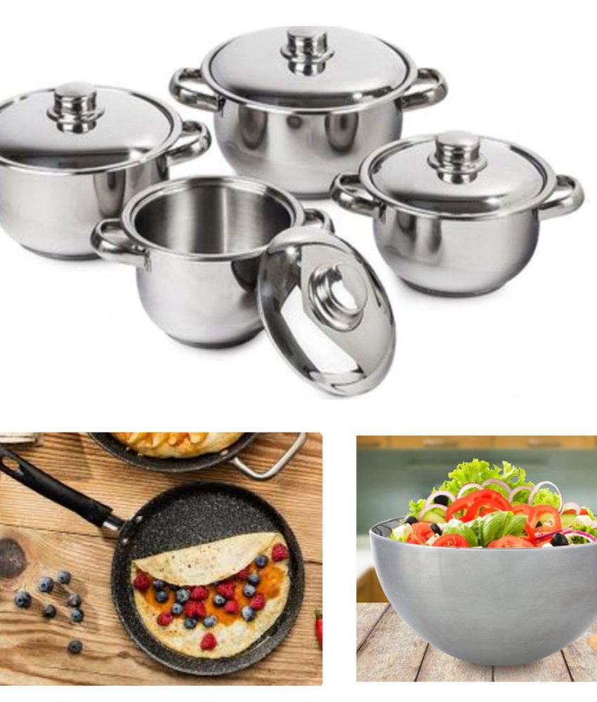 Set 4 Oale Inox Cu Capace, Manere De Prindere, Soup Pot + Tigaie clatite antiaderenta Brio Nero 25cm + Cadou bol inox pentru mixare