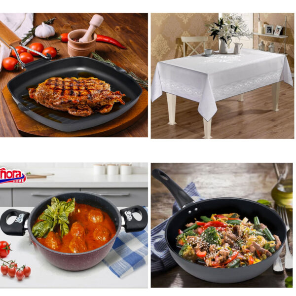 Tigaie grill + Tigaie teflonata Delis + Cratita cu 2 manere + Cadou Fata de masa Jakar alba pentru 6 persoane