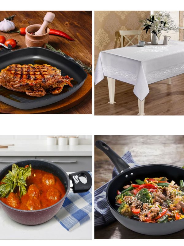 Tigaie grill + Tigaie teflonata Delis + Cratita cu 2 manere + Cadou Fata de masa Jakar alba pentru 6 persoane