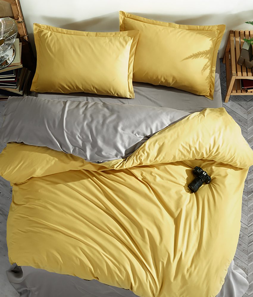 Lenjerie de pat 4 piese, Clasy king size, ranforce bumbac, PRESTIGE V5, galben-gri, cutie cadou