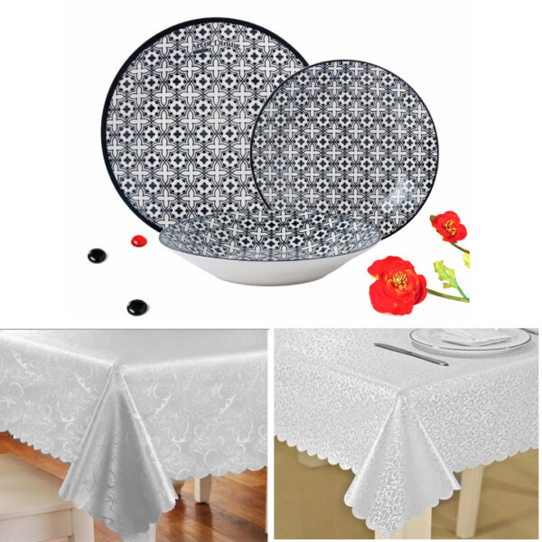 Serviciu de masa 18 piese portelan, Rania, Art of Dinning + Cadou fata de masa Jacquard alb, pentru 6 persoane