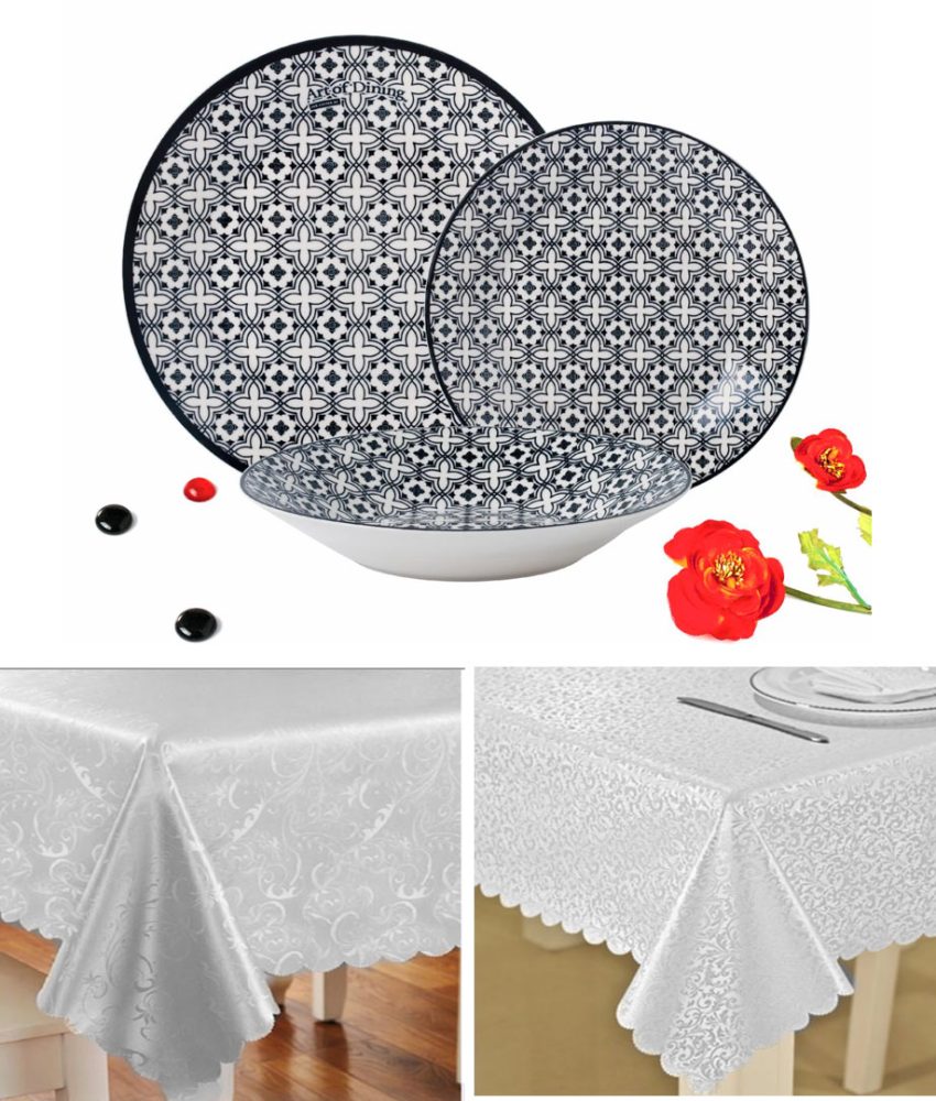 Serviciu de masa 18 piese portelan, Rania, Art of Dinning + Cadou fata de masa Jacquard alb, pentru 6 persoane