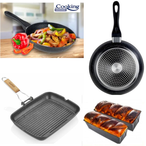 Pachet Premium Heinner 6 piese! Tigai aluminiu teflonat 26x5.2cm, 22x4.8cm, Black Sand + Tigaie grill cu maner pliabil + 2 tavi cozonac