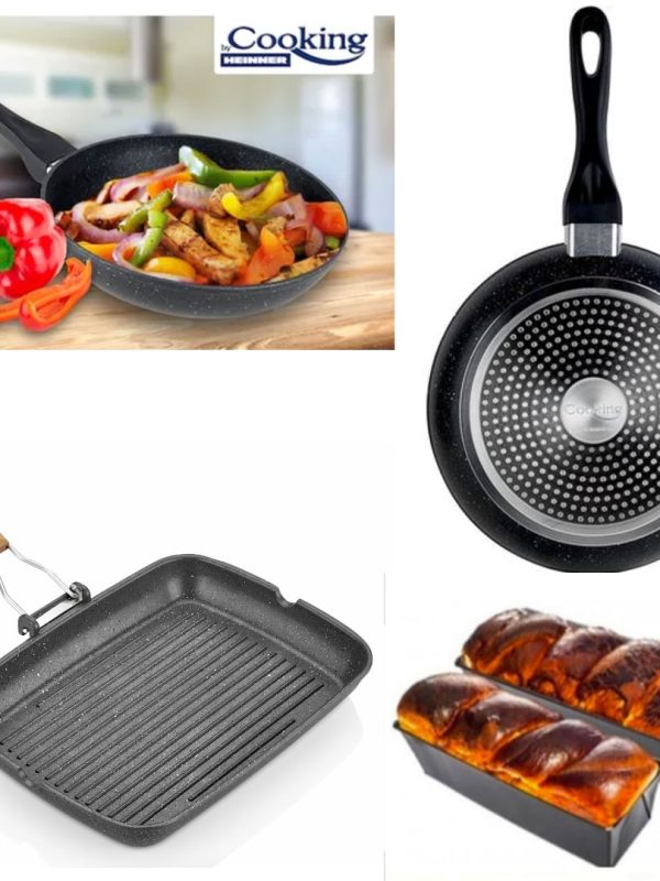 Pachet Premium Heinner 6 piese! Tigai aluminiu teflonat 26x5.2cm, 22x4.8cm, Black Sand + Tigaie grill cu maner pliabil + 2 tavi cozonac