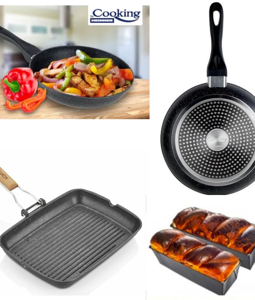 Pachet Premium Heinner 6 piese! Tigai aluminiu teflonat 26x5.2cm, 22x4.8cm, Black Sand + Tigaie grill cu maner pliabil + 2 tavi cozonac