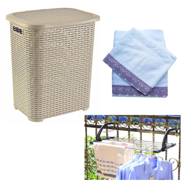 Cos de rufe tip rattan, plastic 45 L, Bej, cu capac + Uscator rufe rabatabil, pentru spatii mici + Set 2 prosoape bumbac 140x70cm si 100x50cm