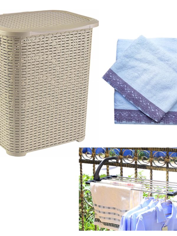 Cos de rufe tip rattan, plastic 45 L, Bej, cu capac + Uscator rufe rabatabil, pentru spatii mici + Set 2 prosoape bumbac 140x70cm si 100x50cm