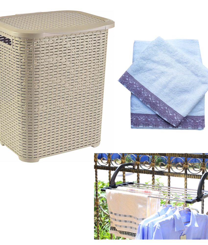 Cos de rufe tip rattan, plastic 45 L, Bej, cu capac + Uscator rufe rabatabil, pentru spatii mici + Set 2 prosoape bumbac 140x70cm si 100x50cm