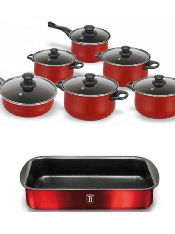 Set 12 piese, 6 vase din otel carbon si 6 capace din sticla, Grunberg + Cadou Tava Teflonata Cuptor 38x26x5,5cm