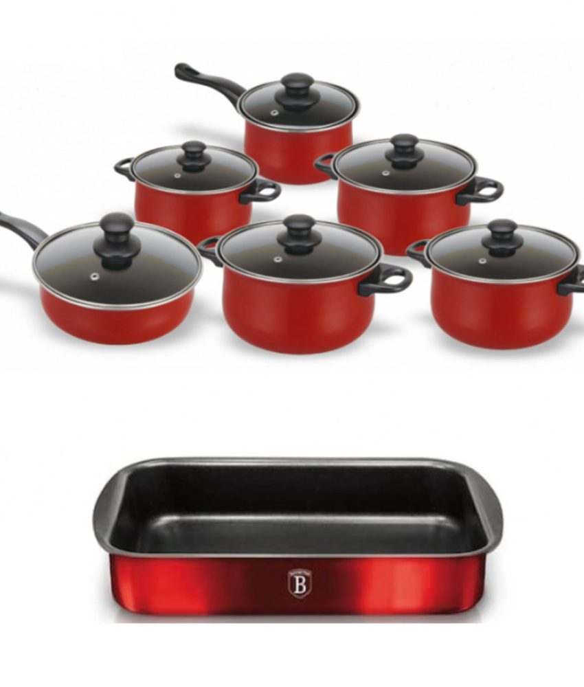 Set 12 piese, 6 vase din otel carbon si 6 capace din sticla, Grunberg + Cadou Tava Teflonata Cuptor 38x26x5,5cm