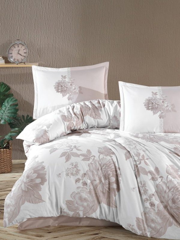 Lenjerie de pat 4 piese, Clasy king size, ranforce bumbac, ROHAN V2, alb-roz, cutie cadou