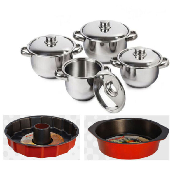 Set 4 Oale Inox Cu Capace, Manere De Prindere, Soup Pot + Forma de copt con + Tava teflonata cu manere