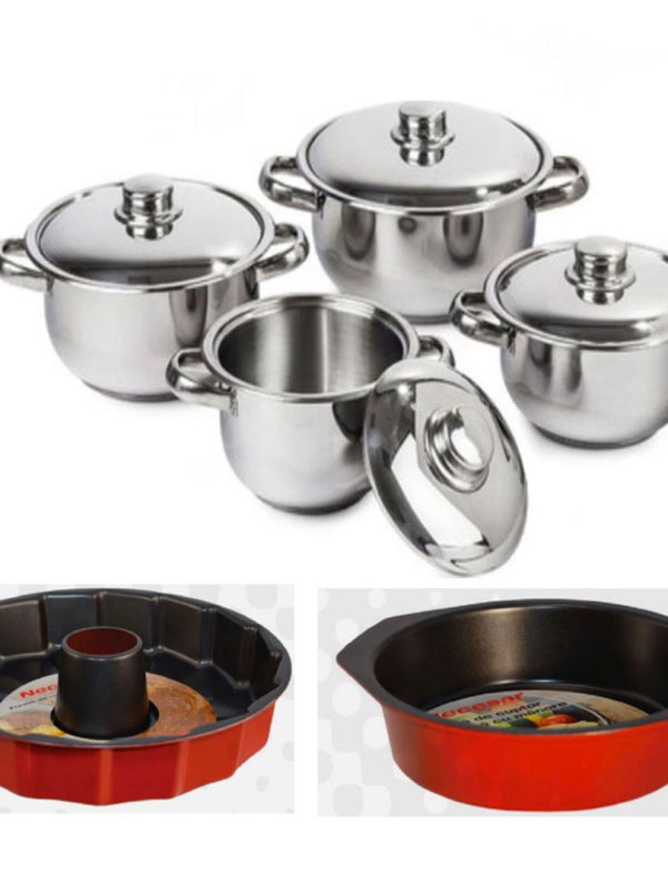 Set 4 Oale Inox Cu Capace, Manere De Prindere, Soup Pot + Forma de copt con + Tava teflonata cu manere