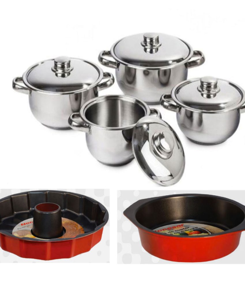 Set 4 Oale Inox Cu Capace, Manere De Prindere, Soup Pot + Forma de copt con + Tava teflonata cu manere