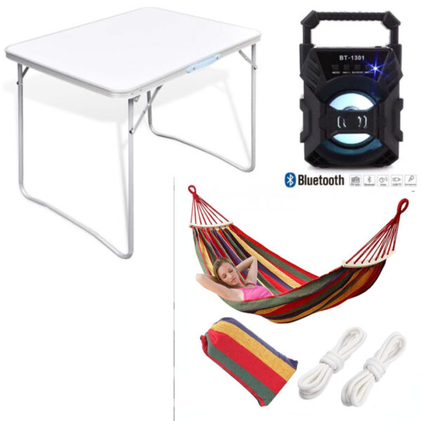 Masa de gradina si camping, pliabila, otel, dreptunghiulara 60 x 70 x 50 cm + Hamac Poliester/Bumbac, Multicolor, 80/200 cm + Boxa Bluetooth Cadou