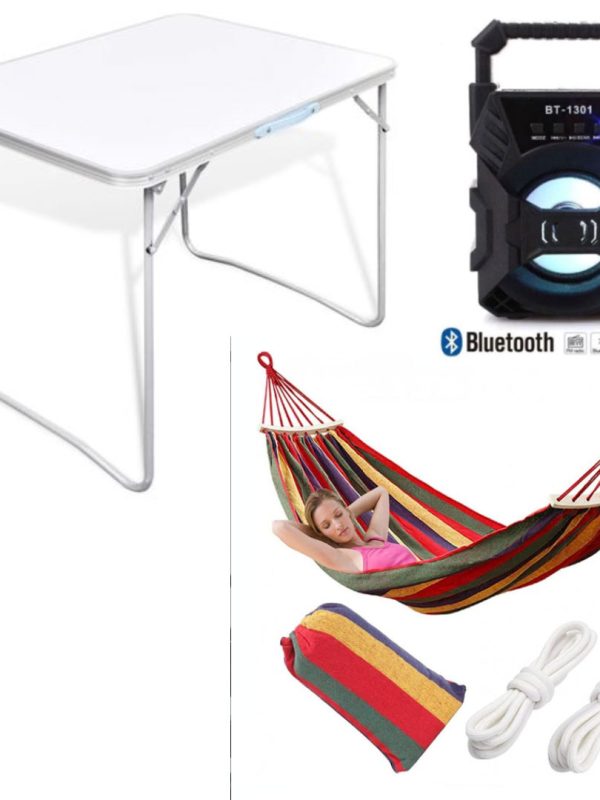 Masa de gradina si camping, pliabila, otel, dreptunghiulara 60 x 70 x 50 cm + Hamac Poliester/Bumbac, Multicolor, 80/200 cm + Boxa Bluetooth Cadou