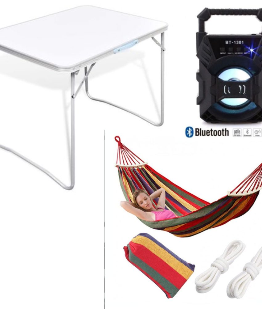 Masa de gradina si camping, pliabila, otel, dreptunghiulara 60 x 70 x 50 cm + Hamac Poliester/Bumbac, Multicolor, 80/200 cm + Boxa Bluetooth Cadou